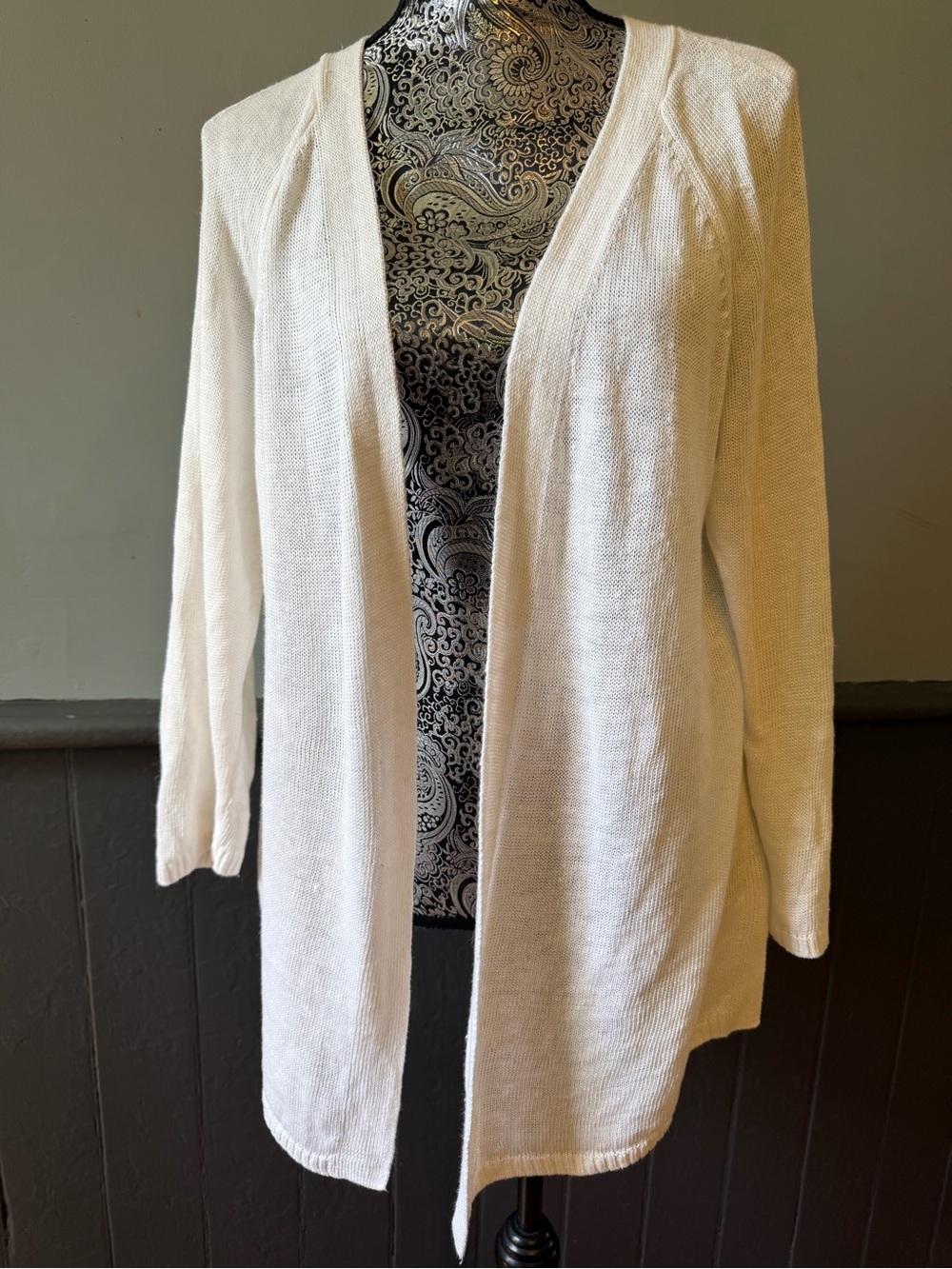 Talbots White 100% Linen Open-Front Cardigan
